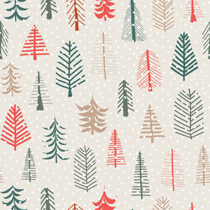 圣诞树向量无缝模式重复瓷砖。绿色棕色红色的涂鸦树和雪花。斯堪的纳维亚圣诞节背景的面料, 纸张, 卡, 网页横幅, 邀请, 包