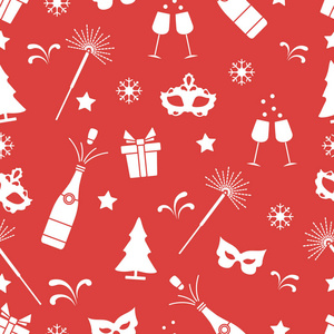 无缝图案与新年符号。 礼物，烟花瓶和眼镜，香槟，圣诞树星星雪花。