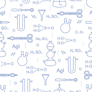 科学矢量无缝模式与烧瓶燃烧器漏斗工具和公式。 教育要素。 化学生物医学。