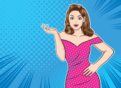 三无产品漫画微笑的女人展示手势一些产品与点背景流行艺术漫画风格.