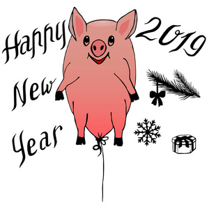 猪飞气球和2019年庆祝字母与矢量元素设计新年和冬季卡邀请贴纸