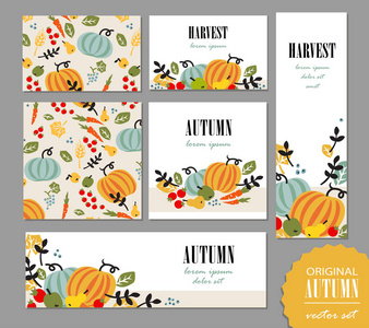 一套秋季模板。 传单贺卡横幅海报与蔬菜，水果，浆果和叶子。 宣传销售活动广告的矢量插图。