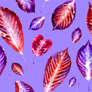 秋天的版画在紫色背景水彩画上的无缝图案。 背景与心和叶子的织物贺卡为情人节等。