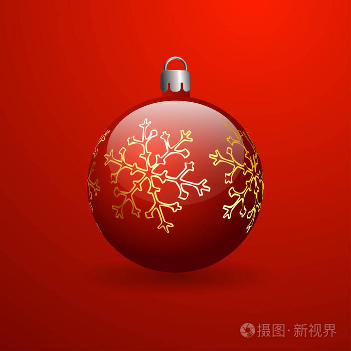 带金色雪花的红色圣诞球。 红色背景有梯度。 三维球。