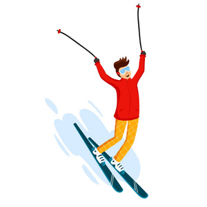 向量滑雪者动画片平样式。滑雪场里的男人冬季运动活动。简单的字符。隔离在白色背景上