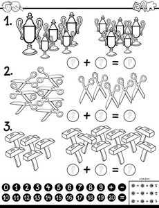 黑白卡通插图教育数学加法计算益智游戏学龄前和小学儿童用物体着色书
