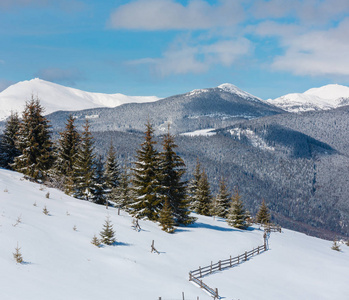 风景如画的冬季山景从斯库波瓦山坡乌克兰。 观山河山脊和琵琶伊万山顶与天文台大楼卡帕西恩。