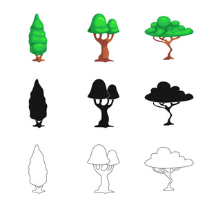 树和自然标识的孤立对象。网树和皇冠股票符号的收集