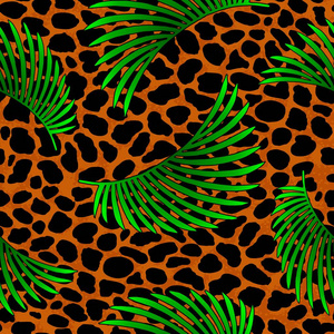 热带棕榈叶子丛林在豹子毛皮无缝的向量样式背景