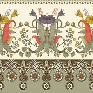 复古矢量花卉边框.无缝图案, 维多利亚式风格.