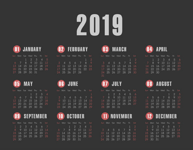 矢量口袋2019年日历。 每周从星期日开始