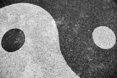 太极圈自然界正负平衡的阴阳符号. 石头马赛克.照片