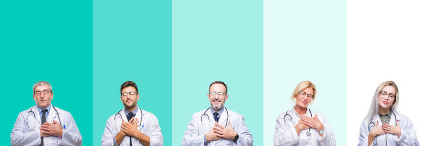 拼贴一群医生戴着听诊器在五颜六色的孤立背景上微笑，双手放在胸部，闭着眼睛，脸上有感激的手势。 健康概念。