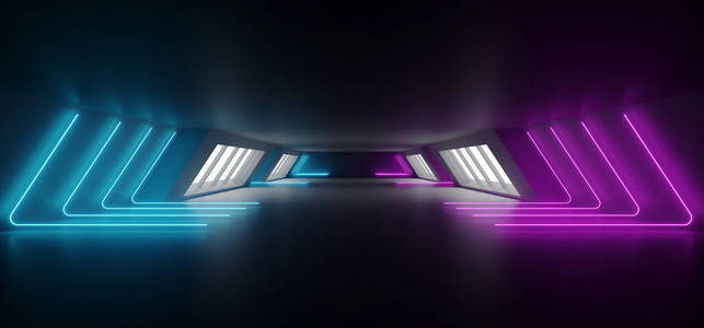 现代未来感S CI FI外星船反射暗空长走廊隧道与大白窗和紫蓝色三角形霓虹灯发光线背景3渲染插图。