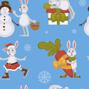 新年快乐兔子装饰圣诞树无缝图案蓝色背景