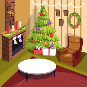 圣诞节寒假家具和室内矢量海报