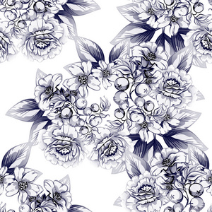无缝复古风格单色花卉图案。 花卉元素。