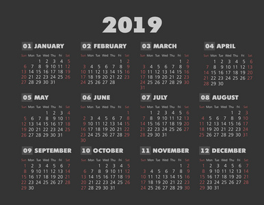 矢量口袋2019年日历。 每周从星期日开始