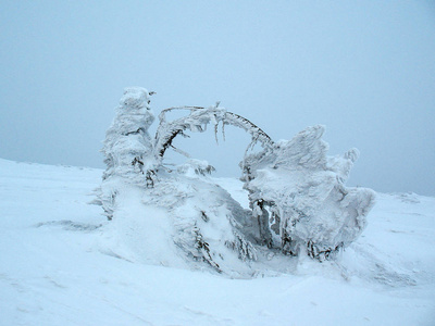 白雪覆盖了高高的山峰。 寒冷的冬季背景