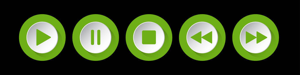 绿色白色圆形音乐控制按钮设置五个图标与阴影前面的黑色背景