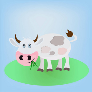 灰色白色矢量卡通欢快的牛动物站在田野上吃青草照片