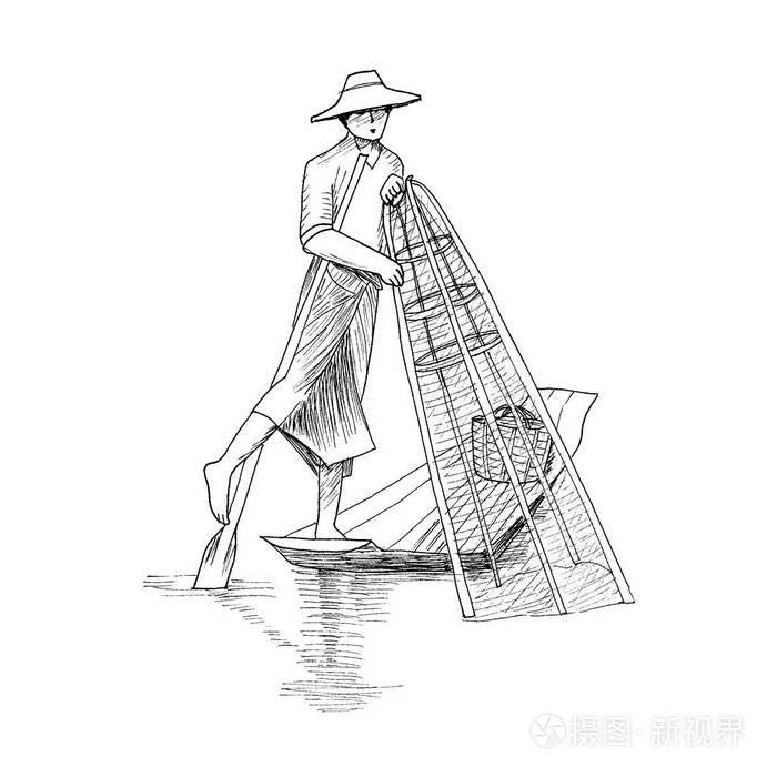 亚洲渔人站在船上用网捕鱼插画-正版商用图片14ar9w-摄图新视界