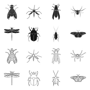 昆虫和苍蝇图标的矢量例证。收集昆虫和元素矢量图标的股票