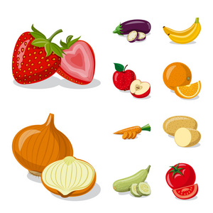 蔬菜和水果符号的孤立对象。收藏蔬菜和素食媒介的股票图标