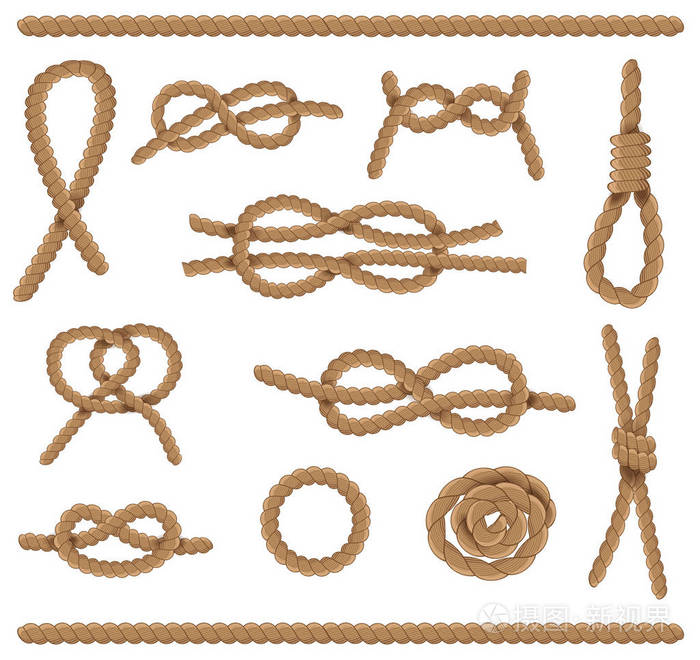 黄麻绳与礁结隔离在白色背景上. 矢量图.