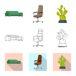 家具和工作图标的矢量插图。网站家具和家庭股票符号的收集