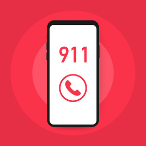 拨打 911, 紧急呼叫概念.手持智能手机, 手指触摸呼叫按钮.
