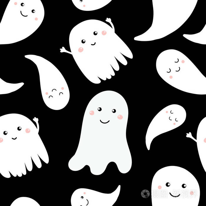 无缝图案与可爱的小卡通鬼黑色背景上的白色鬼魂万圣节插图图案为纸