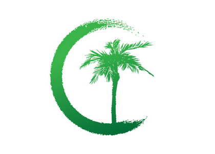 非洲热带棕榈树绿色标志棕榈树剪影绿色生物自然生态概念，生物概念自然保存信任，载体隔离在白色背景上