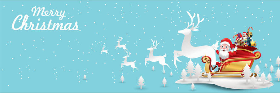 圣诞快乐，新年快乐。圣诞老人是骑驯鹿雪橇与一袋礼物在圣诞节雪景。 矢量插图贺卡海报横幅纸艺术概念