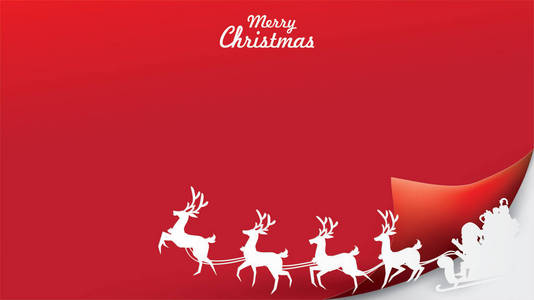 圣诞快乐，新年快乐。圣诞老人用驯鹿雪橇和礼品袋纸艺和数字工艺风格在天空中的插图