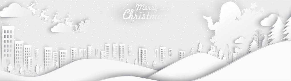 圣诞快乐，新年快乐。圣诞老人用驯鹿雪橇和礼品袋纸艺和数字工艺风格在天空中的插图