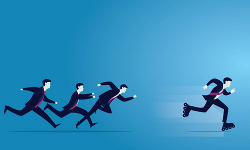 商业竞争概念.商人们冲刺向前.以创新赢得领袖,以滚刀奔跑照片