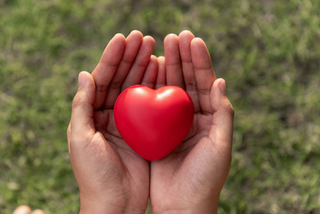 s hands is holding mini red heart symbol on her hands.