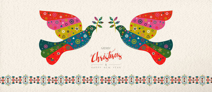 圣诞快乐，新年快乐，民间艺术网络横幅鸟插图。 斯堪的纳维亚复古风格鸽子与传统的几何形状在节日的颜色。