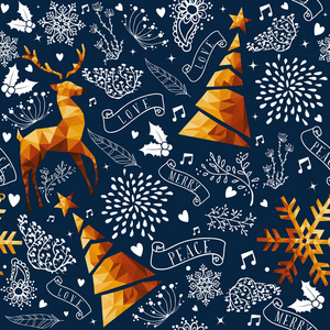 圣诞快乐无缝图案与黄金低聚豪华鹿和圣诞装饰的节日季节背景。