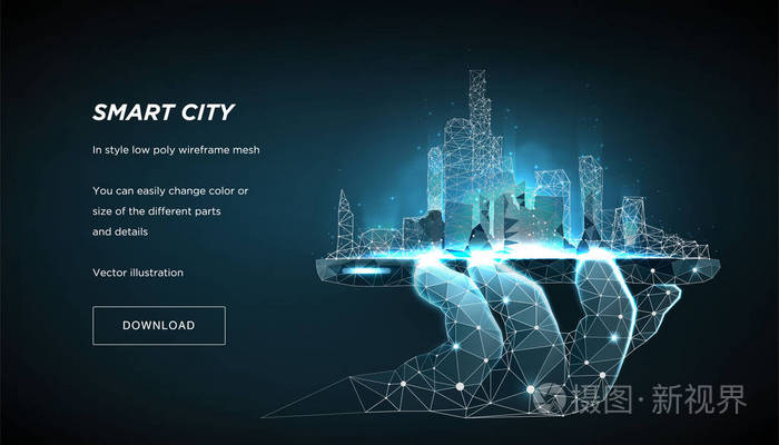 智能城市低聚线框在蓝色背景。城市未来抽象或大都市。概念从电话管理城市。多边形空间低多边形与连接的点和线。矢量3d