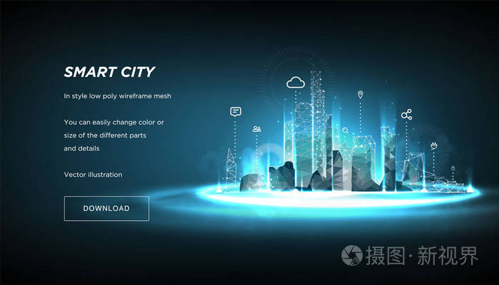 智能城市低聚线框在蓝色背景 城市未来抽象或大都市 智能楼宇自动化系统的经营理念 多边形空间低多边形与连接的点和线 韦克托插画 正版商用图片14b064 摄图新视界