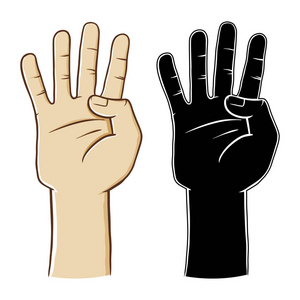 白色背景下分离的人体手势符号数字四矢量图示