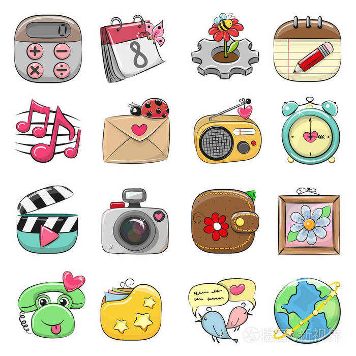 可爱的卡通图标设置为网络和移动应用程序