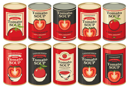 带有各种标签的锡罐载体，用于番茄浓缩汤，包括番茄和铭文图像