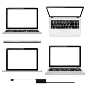 一套不同位置的笔记本电脑。 笔记本电脑与空白屏幕隔离在白色背景。 矢量图。