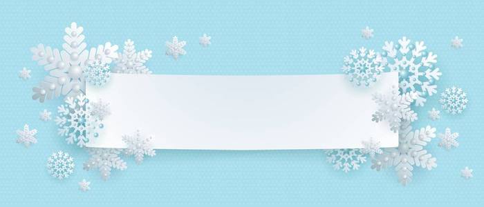 冬季圣诞节和新年横幅，多边形框架用银色装饰带珠子的3d雪花装饰，节日矢量背景