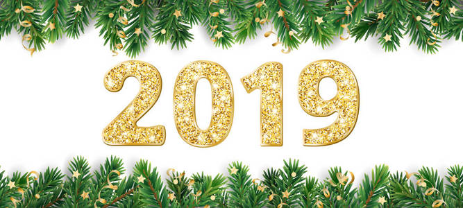 横幅与2019年金黄闪光数字。圣诞树框架, 花环与装饰品