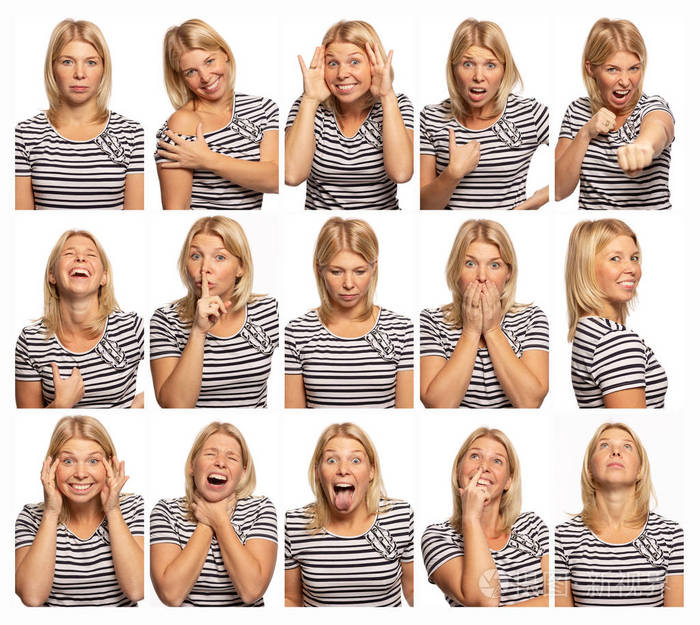 一组具有不同情绪的年轻女性的图像白色背景