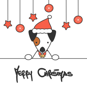 可爱的手绘字母圣诞快乐矢量卡与卡通婴儿狗与圣诞老人帽